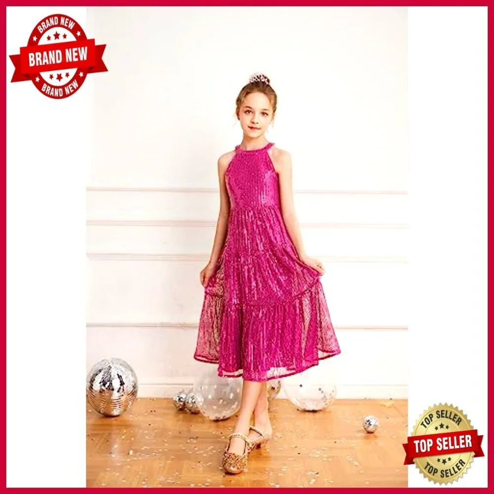 Sequin Maxi Dress Elegant Formal Party Wear Girls Long Dress with Satin